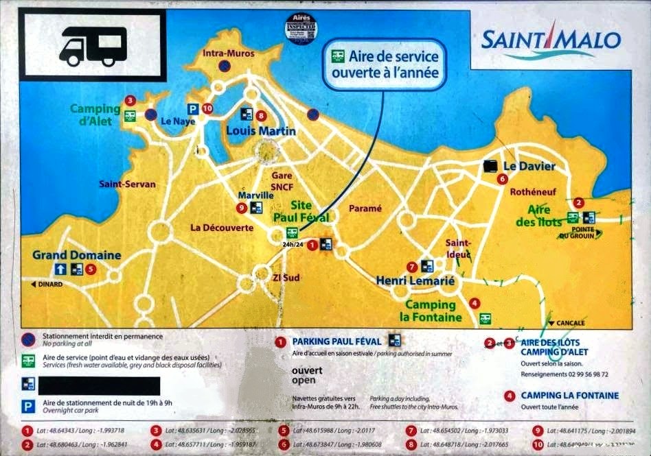 Plan des aires et parkings camping-car de Saint-Malo, avec les emplacements numérotés cites ci-dessus